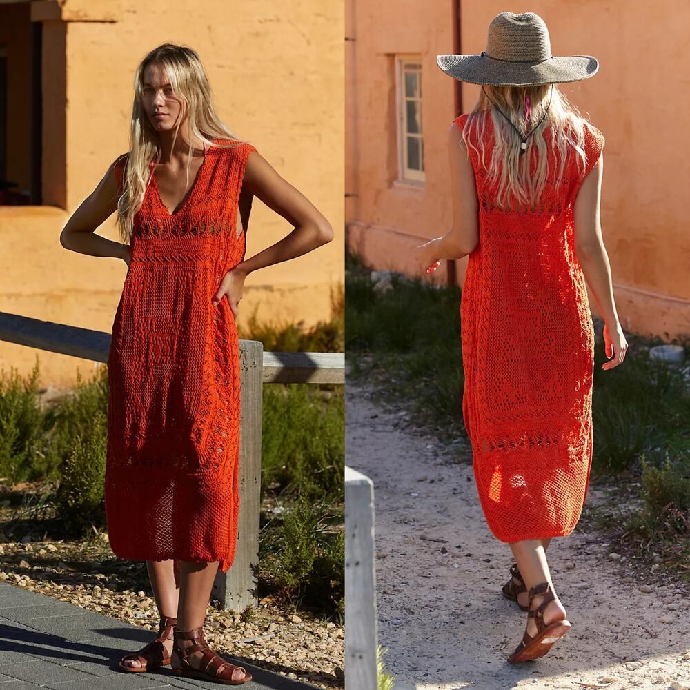 Free People FP Beach Sz L Orange Emma Fauxchet Knit Sleeveless Boho Midi Dress